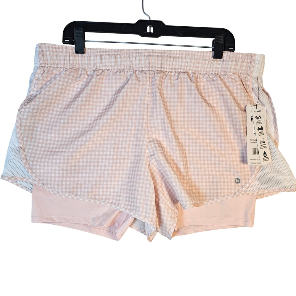 RBX Active Women Pink Gingham 2-in-1 Running Shorts Mesh XL NWT